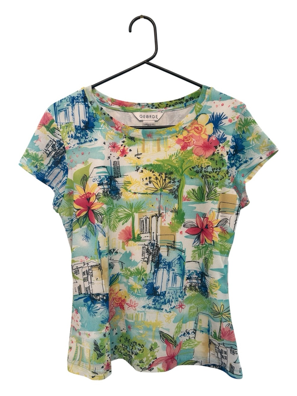George Aqua Multi Floral Beach Scenes Short Sleeve Tee Size Large